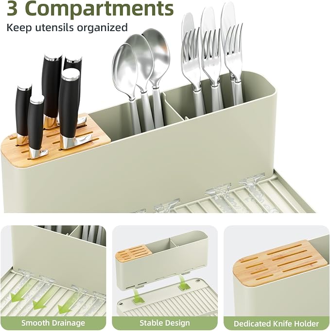 Urackify Extendable Dish Rack, 18.5"-26.7" L x 12.7" W, Soft Celery Green | Multifunctional large dish rack with cup holder and built-in cutlery holder for versatile drying needs - Image 5