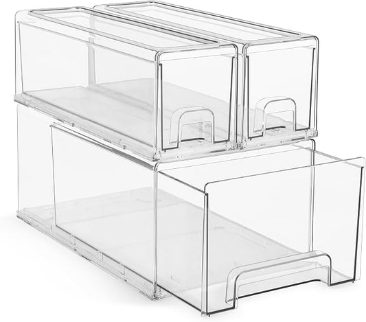 Sorbus 1 Large & 2 Small Clear Stackable Storage Drawers – Plastic Organizer Bins with Handles – Stackable Pull-Out Storage Drawers for Closet, Pantry, Office, Bathroom, Craft, and Toy Organization by Sorbus