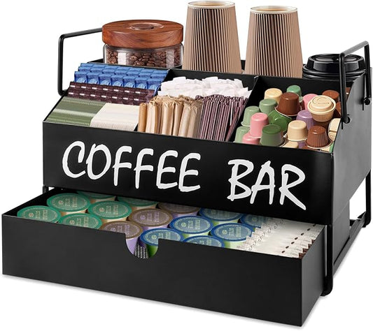 Coffee Bar Accessories Organizer - Metal Countertop Coffee Station with Drawer, Pod Holder & Condiment Organizer (Black) ﻿ by Unknown
