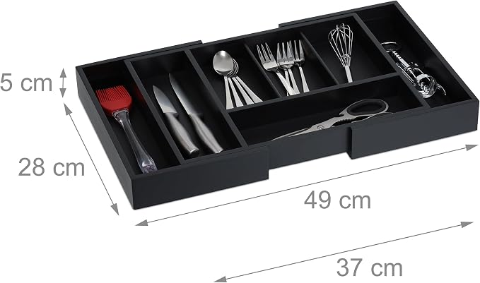 Relaxdays Cutlery Tray, Extendable Insert, 5 to 7 Compartments, Drawer Organiser, Bamboo & MDF, Utensils Storage, Black, Fibreboard, 5 x 49 x 28 cm - Image 2