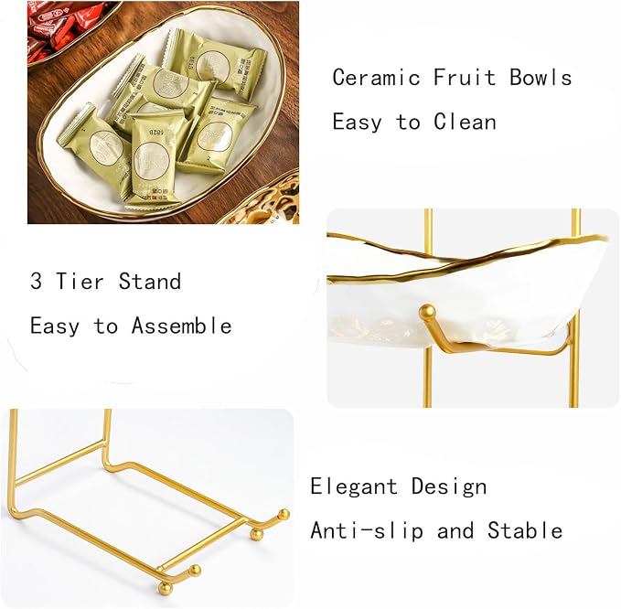 2-Tier Fruit Bowls for Kitchen Counter,Ceramic Bowl with Gold Metal Stand,2 Tier Fruit Basket for Fruit,Snack,Cake,Nuts,Dessert Space Saving Storage - Image 3