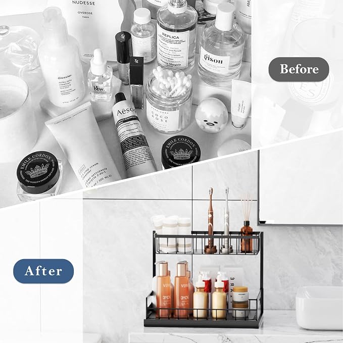 Under Sink Organizers and Storage With 4 Hooks - 2 Tier Pull Out Sink Shelf Cabinet Storage Shelves, L-Shape Under Sink Organizer for Kitchen & Bathroom Cabinet - Image 4