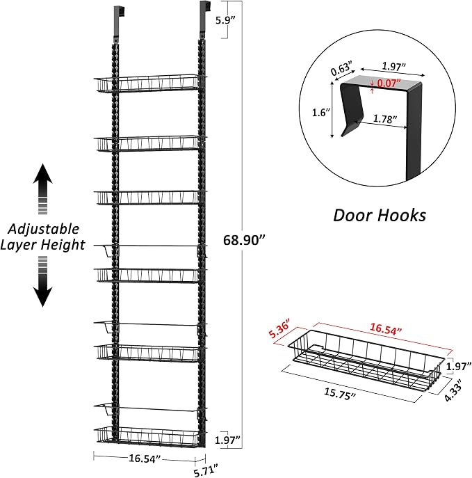 Churboro 6 Tier Over Door Pantry Organizer, 2-in-1 Adjustable Spice Rack | Metal Pantry Door Organizers and Storage, Hanging or Wall Mount Shelves with 9 Adjustable Baskets, 3 Safety Bars, Black - Image 2
