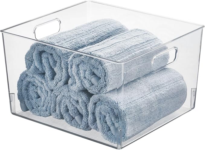 mDesign Large Modern Stackable Plastic Storage Organizer Bin Basket with Handles for Bathroom Vanity Organization - Shelf, Cubby, Cabinet, or Closet Organizing Decor - Ligne Collection, 8 Pack - Clear - Image 5