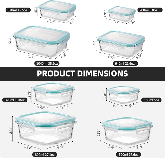 Liuruiyu Glass Food Storage Containers with Lids, 8 Pack Meal Prep Containers, Airtight Bento Boxes with Leak Proof Locking for Microwave, Oven, Freezer and Dishwasher, BPA Free（5oz to 36oz） - Image 6