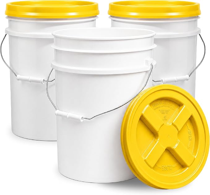 5 Gallon Bucket - Food Grade w/Lid BPA-Free, White/Yellow, 3 | Airtight Gamma Seal Screw-On Lid, Heavy-Duty 90 Mil HDPE Plastic, Food Safe and Durable Container, Bulk Storage, Made in USA by ePackageSupply