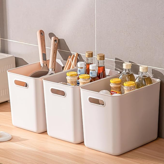 6 piece Plastic Storage Baskets Boxes with Lids,14.4x10.2x11.8 Inch Stackable Organizing Bins with Handles,Versatile Containers for Pantry,Bathroom,Closet Shelves Desktop (Light grey, 4XXL+2XL) - Image 3