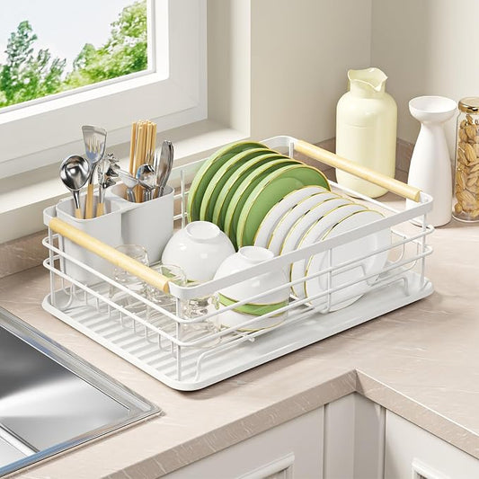 Dish Racks for Kitchen Counter: Wooden Handles, Thickened Metal, No Assembly. Small Dish Drying Rack: Ideal for Small Households. Drying Rack Kitchen: White by Jouzevic