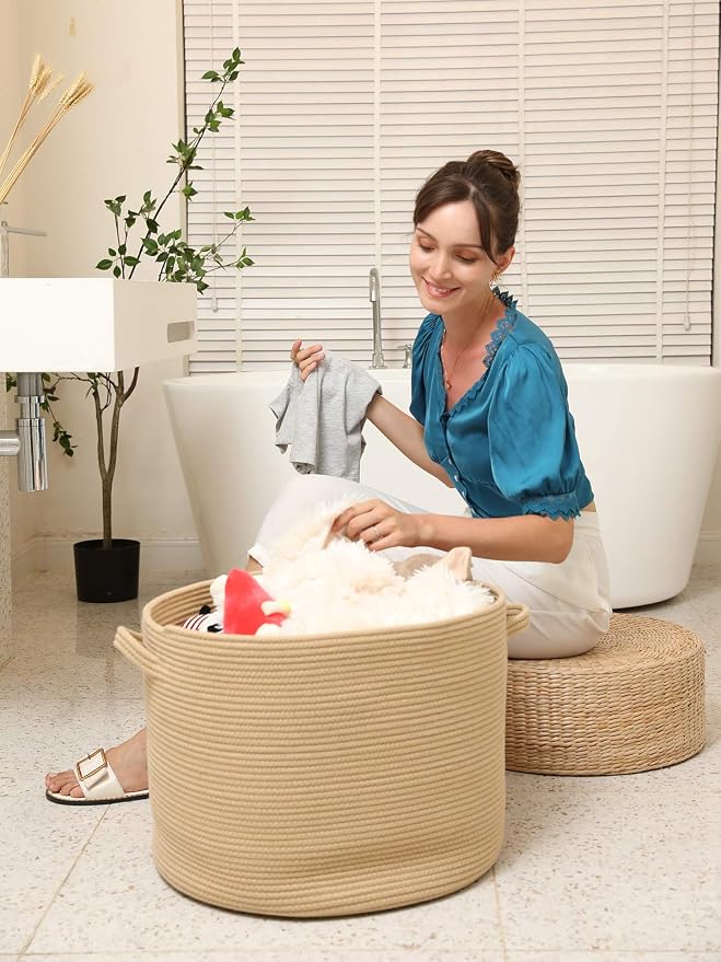 20x15 Inch Extra Large Round Cotton Rope Storage Basket with Lid, Decorative Woven Bin with Cover for Living Room Bedroom Closet, Beige - Image 8