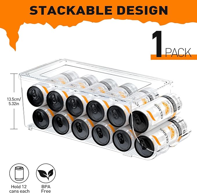 SCAVATA Skinny Can Organizer for Refrigerator, Stackable Tall Skinny Soda Pop Can Holder Dispenser with Lid for Fridge Pantry Rack Freezer, Clear Plastic Storage Bins-Holds 12 Slim Cans (See-through) - Image 2