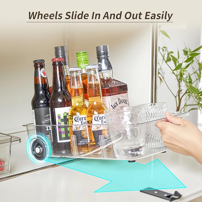 Roll-Out Refrigerator Organizers and Storage, 3 Pack Drawer Fridge Bins | Rolling Fridge Caddy, Silicone Wheels, Adjustable Dividers, Plastic Refrigerator Tray, for Fridge, Pantry, Bathroom & Kitchen - Image 3