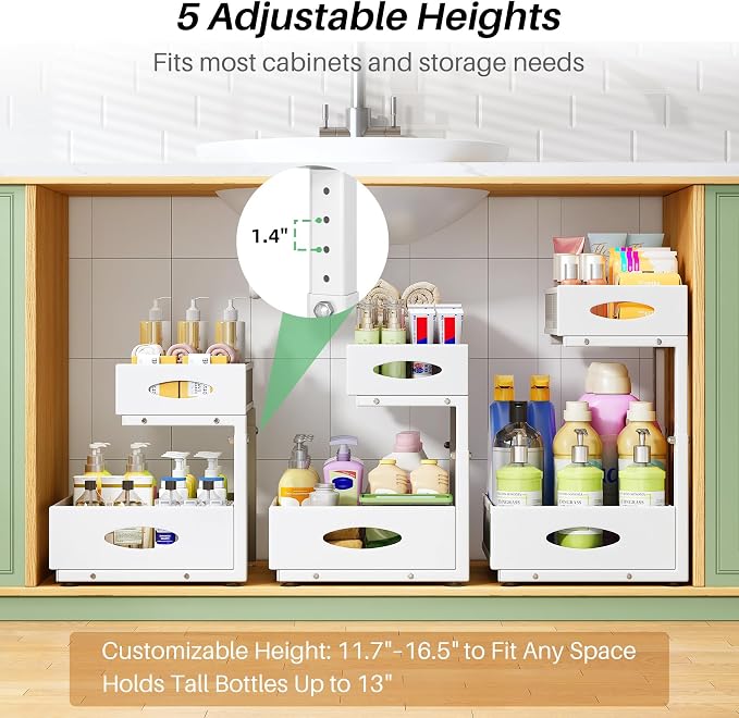 Under Sink Organizer, 1-Pack Pull Out Cabinet Organizer 2 Tier Metal Slide Out Storage Shelf Rack, L-Shaped Adjustable Height,Mesh Sliding Drawer for Kitchen, Bathroom, Laundry, Pantry, White, XL - Image 5