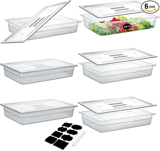BIEAMA 6 Pack Full Size 4'' Deep NSF Polycarbonate Food Pans with Lids | Stackable clear containers for meal prep, buffet, salad bars, commercial & home kitchen; dishwasher safe and freezer safe by BIEAMA
