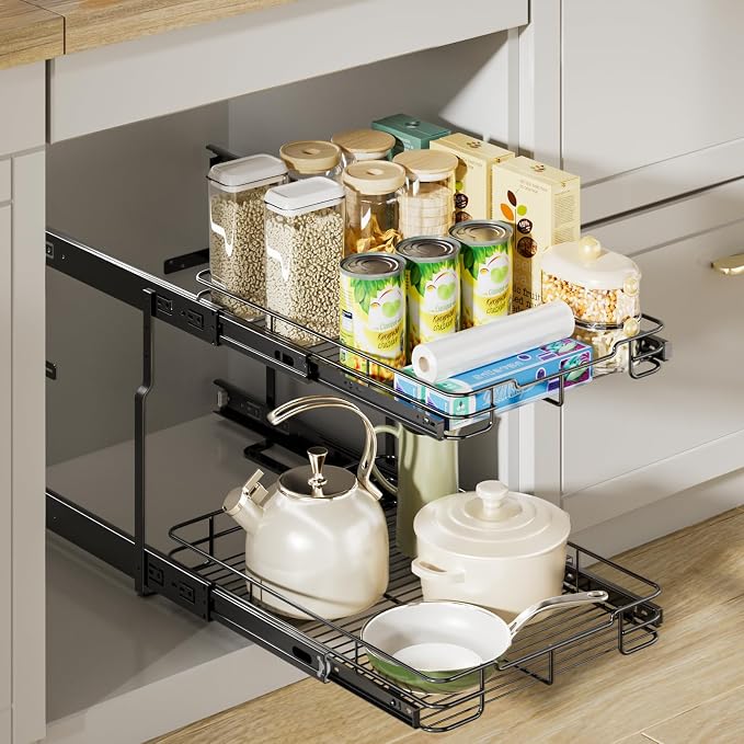 Delamu Pull Out Cabinet Organizer 2-Tier 14" W x 21" D Heavy Duty Chrome-Plated Slide Out Drawers, Kitchen Drawer Organizer Pull Out Shelves for Pots & Pans, Home Pantry Cans & Spices, Black - Image 2