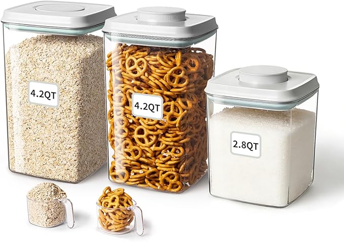 Food Storage Container Sets, 2.8 Qt + 4.2 Qt *2 Airtight Canisters with Lids and 130ml Scoop, BPA-Free Plastic Pantry Containers for Flour, Sugar, Rice by ANKOU