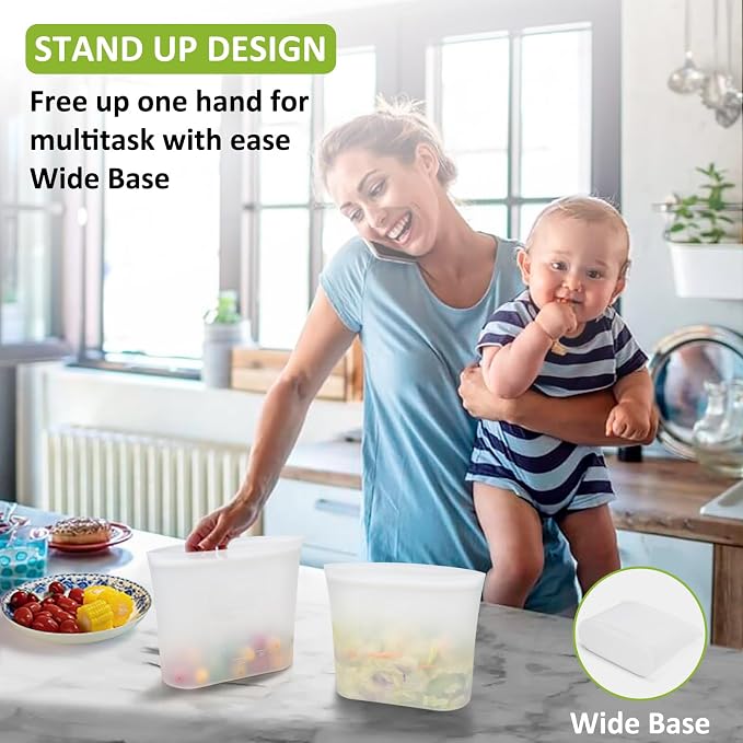 Reusable Food Storage Bags Half-Gallon, 4 Pack 100% Silicone Food Storage Bags Stand-Up Wide-Mouth Zip-Lock for Large Items, 67 fl.oz/2000 ml, Freezer Microwave Oven Dishwasher Safe, Translucent - Image 5