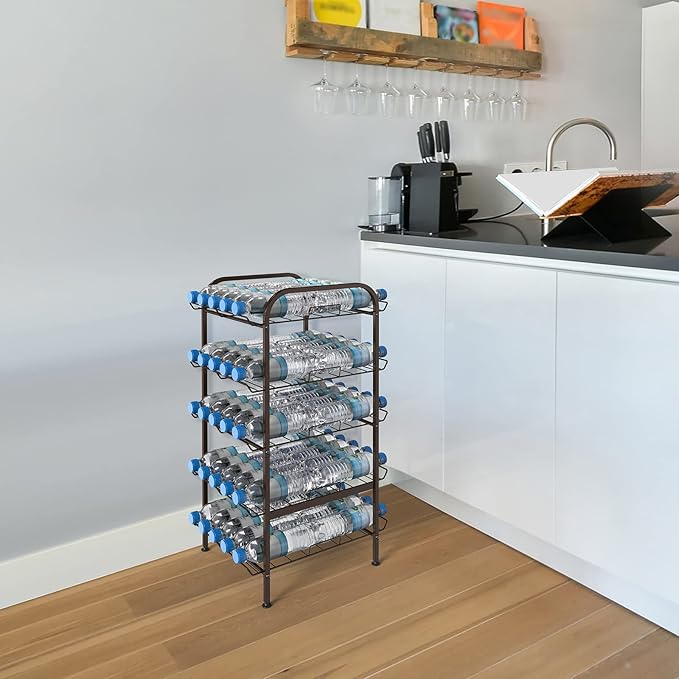 smusei 5 Tier Water Bottle Organizer Vertical Free Standing Storage Shelf Metal Beverage Rack Dispenser Large Capacity Bottled Water Holder Stand for Kitchen Party Pantry, Bronze - Image 5