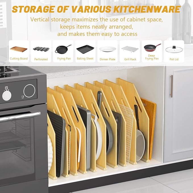10 Pack Wood Tray Dividers Organizer For Kitchen Cabinet | Adjustable Vertical Cookie Sheet Organizer, Cabinet Dividers Organizer For Pots, Cutting Board, Pans, Lids, Baking Sheets - Image 6
