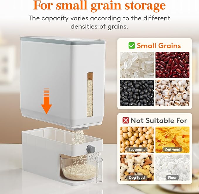 Lifewit Rice Dispenser 25 Lbs, Airtight Storage with Measuring Cup, White | BPA-Free 11.3kg Capacity Storage Container for Beans, Corn & Other Small Grains, One-Press Dispensing Bin for Kitchen Pantry - Image 6
