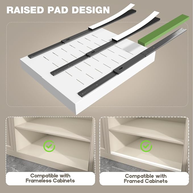 Seinloes 2 Pack Pull Out Cabinet Organizer 24" Deep,Full Extension 3 Slide Rails Slide Out Drawers With Raising Pad for Framed Cabinets,Expandable Width (12.3"-20.5"),No Drill Roll Out shelf,White - Image 2