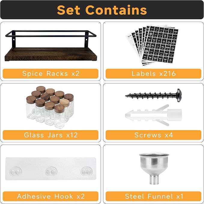 2-Tier Wall Mount Spice Rack Organizer with 12 Glass Jars, 216 Labels & Funnel - Screw/Adhesive Mount, Black Metal & Wood Spice Storage for Kitchen Pantry Cabinet, 11.6”L x 2.4”W x 3.2”H - Image 2