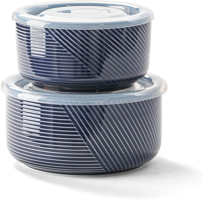 Ceramic Nesting Bowls with Lid, Microwave Safe, Set of 2, Navy | Food Storage Containers for Work Lunch Picnic Camping Meal Prep Soup Salad Cereal Leftovers - 5 & 6 Inch, 20 & 32 oz by Adewnest