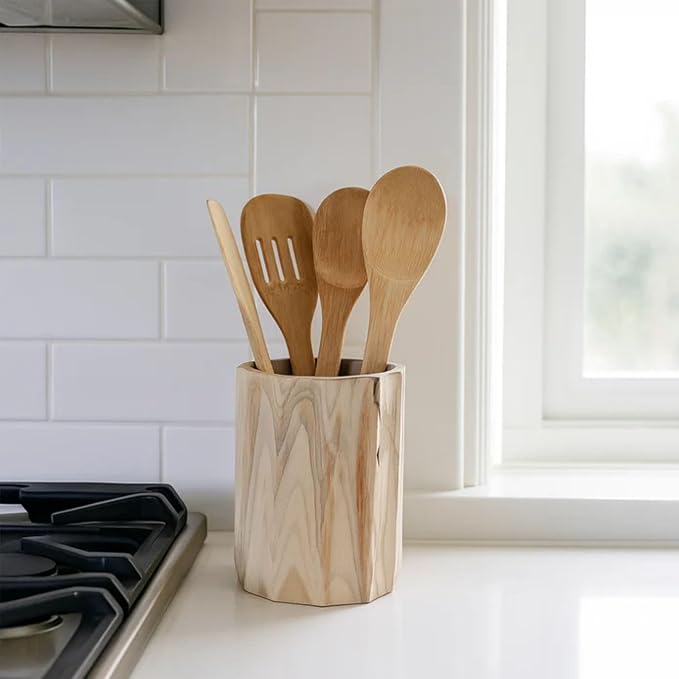 Nordic Teak Utensils & Holder for Kitchen Counter or Wet Bar | Wooden Cooking Utensil Set | Farmhouse Kitchen Decor | Spatula, Tongs & Serving Utensils | Solid Teak (Kitchen Utensil Holder) - Image 3