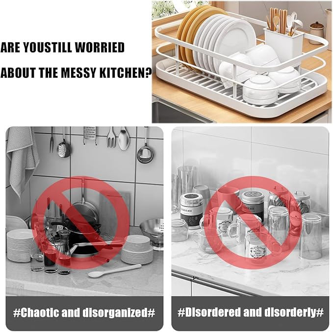 Kitchen Counter Dish Drying Rack,Stainless Steel Dishes Drainer with Utensil Holder,Space-Saving Dish Rack,Removable Plastic Drainer Tray for Dishes, Knives, Spoons (White,Has Cup Holder) - Image 5