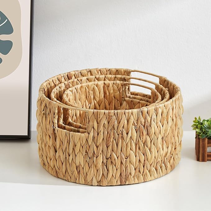 Wicker Storage Basket, Hand-Woven Water Hyacinth Large Round Woven Basket With Handles, Wicker Baskets for Organizing/Storage, 3-Pack - Image 5