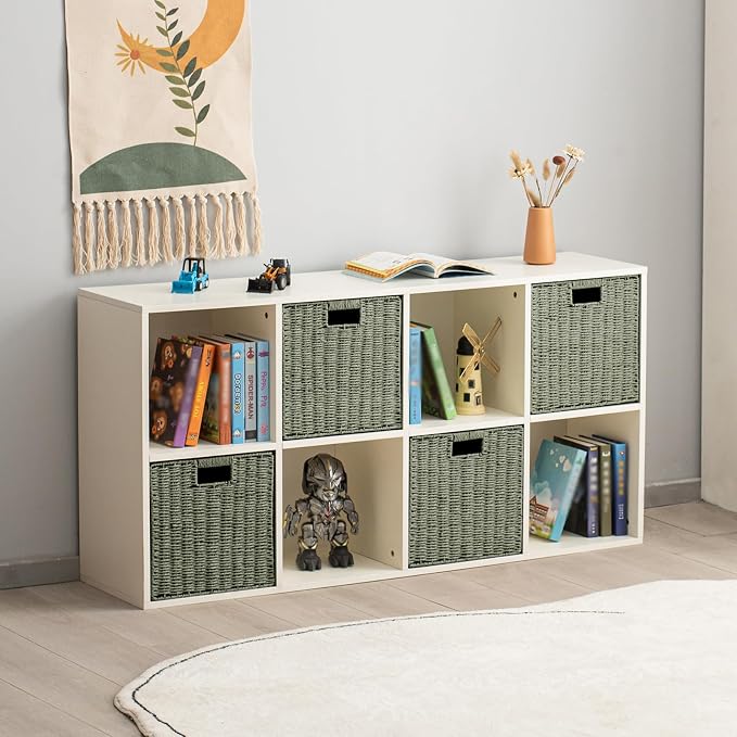 Handwoven Paper Woven Cube Basket Organizer with Handles set of 4 Foldable Storage baskets for Bedroom Living Room Cubby Storage Units for Clothes Books Toys (Green, 13" L x 13" W x 13" H) - Image 5