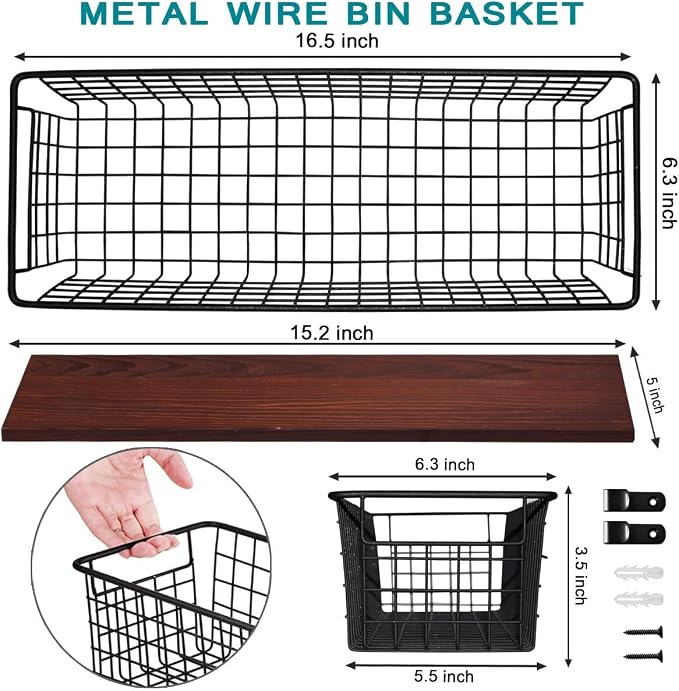 SheeChung [Extra Large Wall Storage Basket, Metal Hanging Basket, Black | Wooden Base & Handle, Portable Wire Farmhouse Food Organizer for Home Kitchen Bathroom Pantry Laundry Closet Garage RV,4 Pack - Image 4