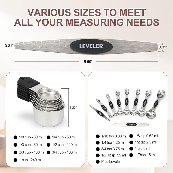 16-Piece Magnetic Measuring Cups and Spoons Set, Stainless Steel, Black | 7 Silicone-Grip Cups, 8 Metal Spoons, 1 Leveler, US and Metric Marks for Dry & Liquid Ingredients, Kitchen Essentials Gadgets - Image 4