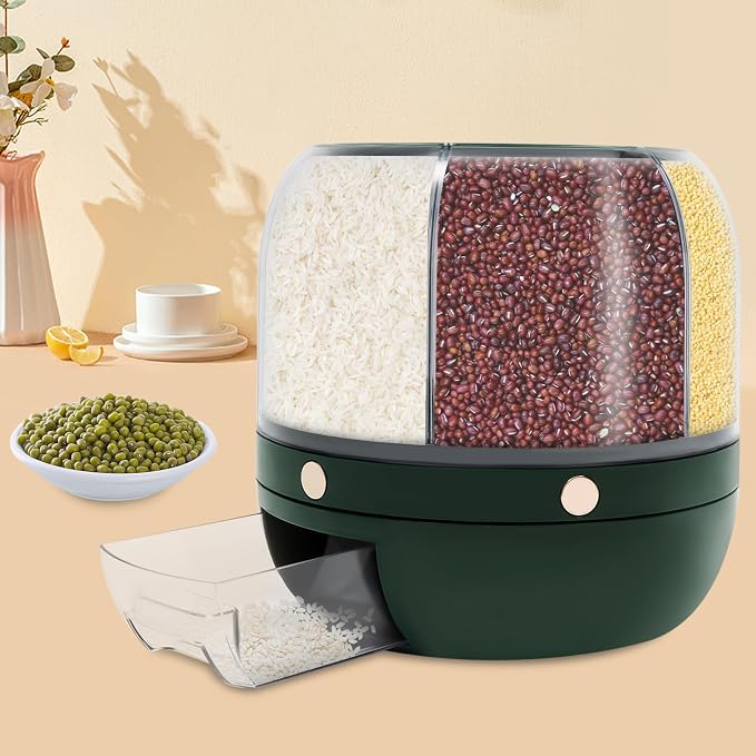 360° Rotating Grain Dispenser With 6 Grids, 13.2lbs Large Capacity Grain Dispenser Rotating Kitchen Storage Containers With Sealed Lid For Peanut Barley Millet And Cereal (Green, 13.2 lbs) - Image 4