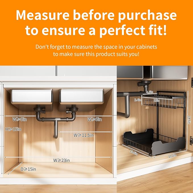 Under Sink Organizer, 2-Tier L-Shaped Pull Out Cabinet Shelf with 2 Installation Methods, Adjustable Sliding Storage Drawer for Kitchen, Bathroom, Laundry, Metal, Black - Image 7