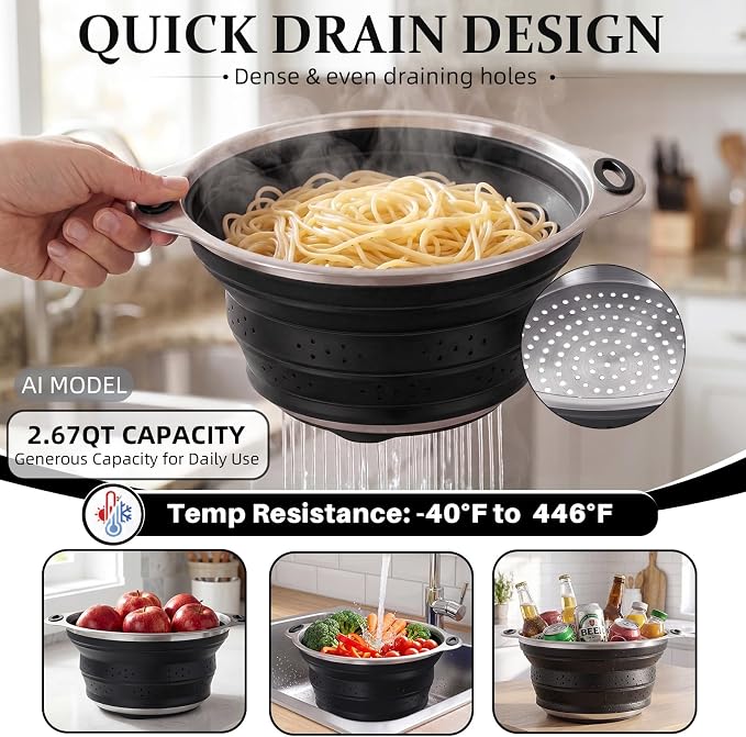 Collapsible Colander Set with Silicone Mat,2-in-1 Stainless Steel Colander for Kitchen, Foldable Metal Colander, Space-Saving for Pasta Veggies Fruit(Black) - Image 6