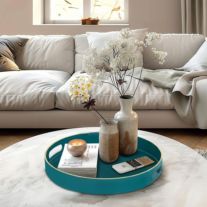 13" Teal Decorative Tray, Plastic Round Serving Tray with Handles | Green Decorative Tray for Coffee Table, Modern Ottoman Tray, Circle Tea Tray, Round Melamine Tray for Living Room, Bathroom - Image 5