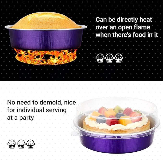 Beasea 4 Inch Pie Tins with Lids, 50 Pack 7.3 Oz Disposable Mini Tart Tins, Aluminum Foil Baking Tins Small Round Muffin Container Mini Cheesecake Cups for Pie Tart Quiche - Violet Purple - Image 3