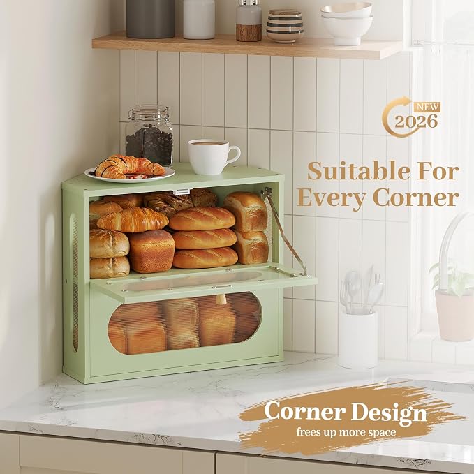 Corner Bread Box for Kitchen Countertop, 2026 New Double Layer Bamboo Bread Storage Bin, Large Bread Container for homemade bread (Green) - Image 2