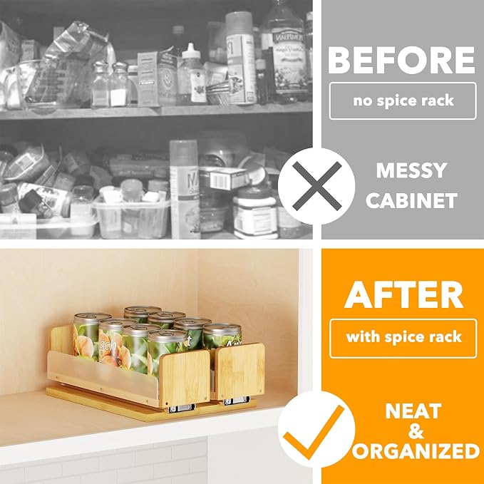 SpaceAid Bamboo Pull Out Spice Rack Organizer for Cabinet, Heavy Duty Slide Out Seasoning Kitchen Pantry Sliding Vertical Organization, 7.3" Wide, 2 Drawers(3" Wide), 1-Tier, Natural - Image 2