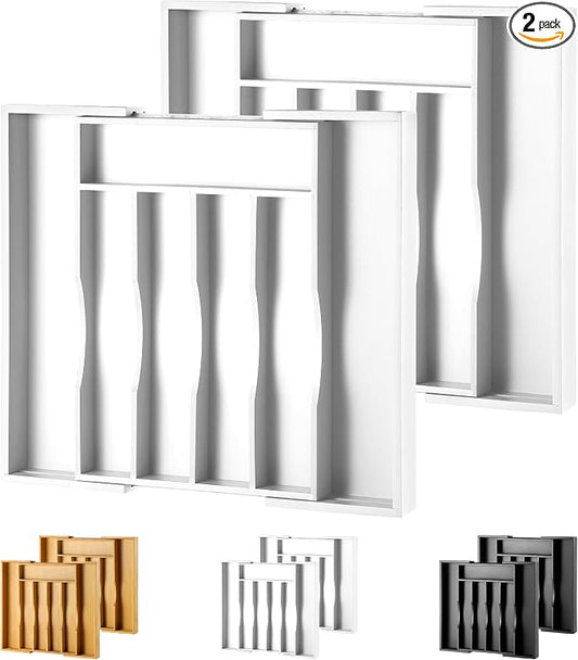 2-Piece Expandable Bamboo Kitchen Drawer Organizer for Cutlery and Utensils, Adjustable Bamboo Wood Cutlery Tray in Drawer for Flatware and Silverware in Kitchen, (White) by oridom
