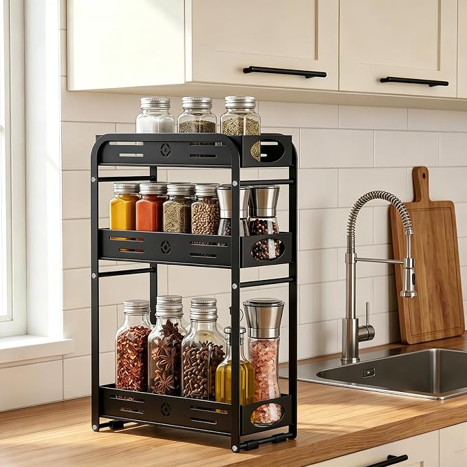 Aduanbang 3-Tier Counter Organizer Shelf, Metal Spice Rack for Kitchen, Vanity, Coffee Area and Home Office(Black, 3 Tier) - Image 2