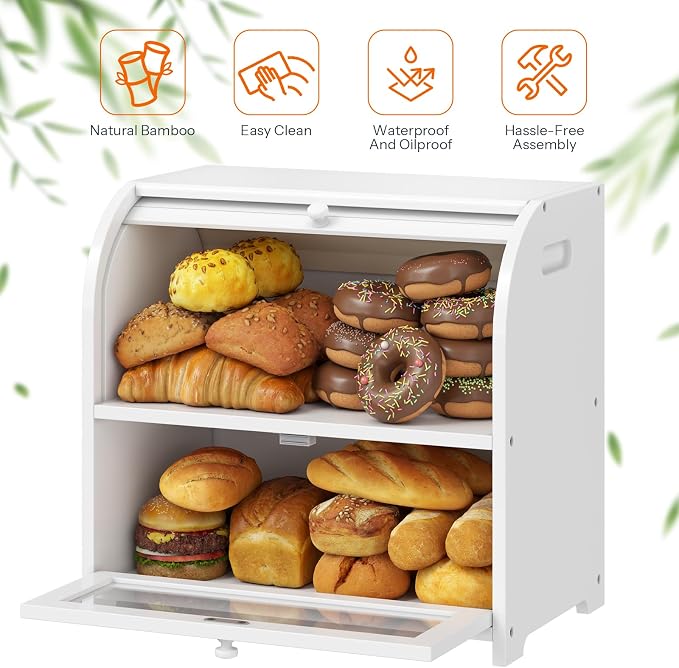 HOOBRO Bread Box, Bamboo Bread Box for Kitchen Countertop, 2 Tier Roll-Top Bread Bin, Food Storage Box, Large Capacity Keeper, Wooden Storage Cabinet, for Kitchen, Dining Room, White WT13MB01 - Image 9