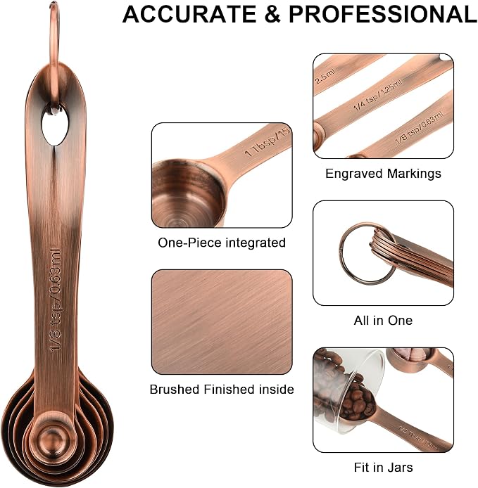 Copper Measuring Spoons Set with Flat Bottom for Kitchen & Baking, Stainless Steel Measuring Spoons Set for Dry & Liquid, Metal Measuring Tools Set with Engraved US & Metri Markings - Image 3