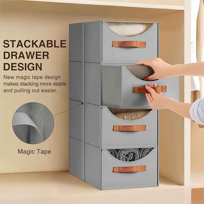 Stackable Storage Drawers - Collapsible Storage Bins with Drawers, 6 Pack Closet Shelf Organizer Basket, Fabric Pull Out Organizer for Bedroom, Living Room, Dorm, Grey - Image 4