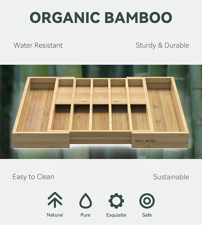 Expandable Silverware Drawer Organizer for Utensil,Bamboo 12 Slot | 13"-20"W x16.7"D x 1.97“H, Vertical Storage,Kitchen Cutlery Tray Dividers for Spoons Forks Knives - Image 7