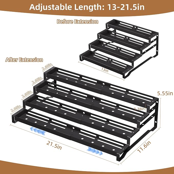 Expandable Spice Rack Organizer for Cabinet 4 Tier Spicy Shelf Black 1Pack | Adjustable Length 13"-21", Easy to See Labels, Sturdy Metal, Slip-Resistant Guardrails for Jars, Cabinet & Countertop Storage - Image 5