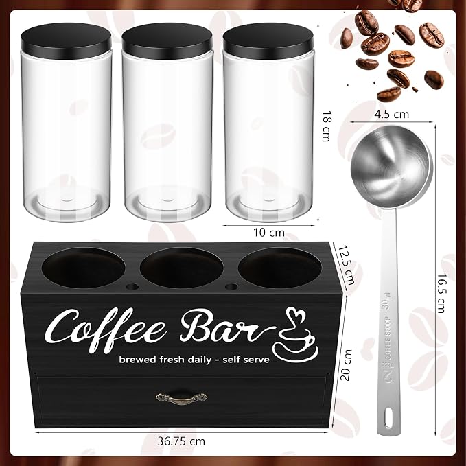 3 Pcs Coffee Bar Containers Set Include Coffee Sugar Container with Lid and Spoon and Double Layer Storage Box with Drawer for Bar Kitchen Countertop(Black) - Image 2