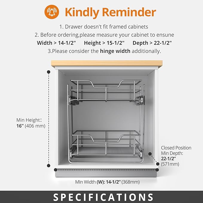 ZOINLIY Pull Out Cabinet Organizer,Slide Out Kitchen Organizers and Storage | Heavy Duty Drawer Cupboard Storage Basket, Smooth Sliding, Chrome Finish - Image 5