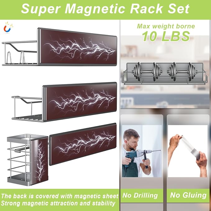 Magnetic Spice Rack for Refrigerator, 6 Pack Strong Magnet Spice Organizer with Paper Towel Holder, Utensil Holder, Moveable Magnetic Fridge Shelf for Kitchen Organization and Storage (Grey) - Image 3