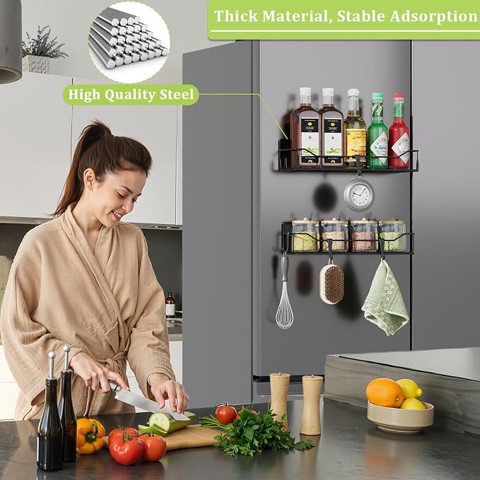 Magnetic Spice Rack for Refrigerator, 2 Pack Strong Magnet Spice Organizer Shelves with Hooks, Magnetic Fridge Shelf for Kitchen Organization and Storage, Seasoning Organizer Gadgets (Black) - Image 6